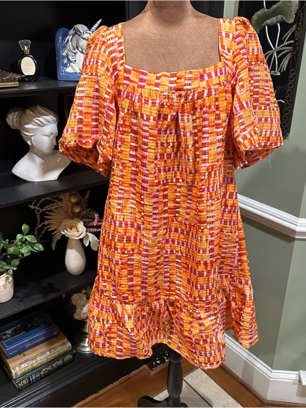 Marie Oliver “Kaylee” Drop‑Waist Dress – Clementine Check – Size Large